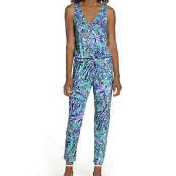 Lily Pulitzer Paulina Bennett Blue Stretchy Beachy Women's Jumpsuit Sz M - Picture 1 of 11